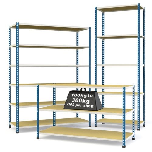 Medium Duty Steel Shelving Rax 2 - Blue and White with Chipboard Shelves